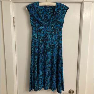 Chaps empire waist, knee-length dress, turquoise and navy pattern, S